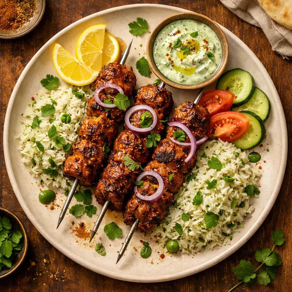 Tandoori Spiced Lamb Kebabs with Minted Rice recipe
