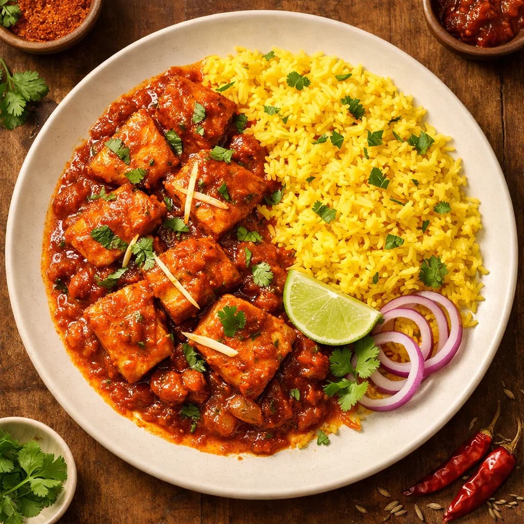 Tangy Fish Masala with Turmeric Rice recipe