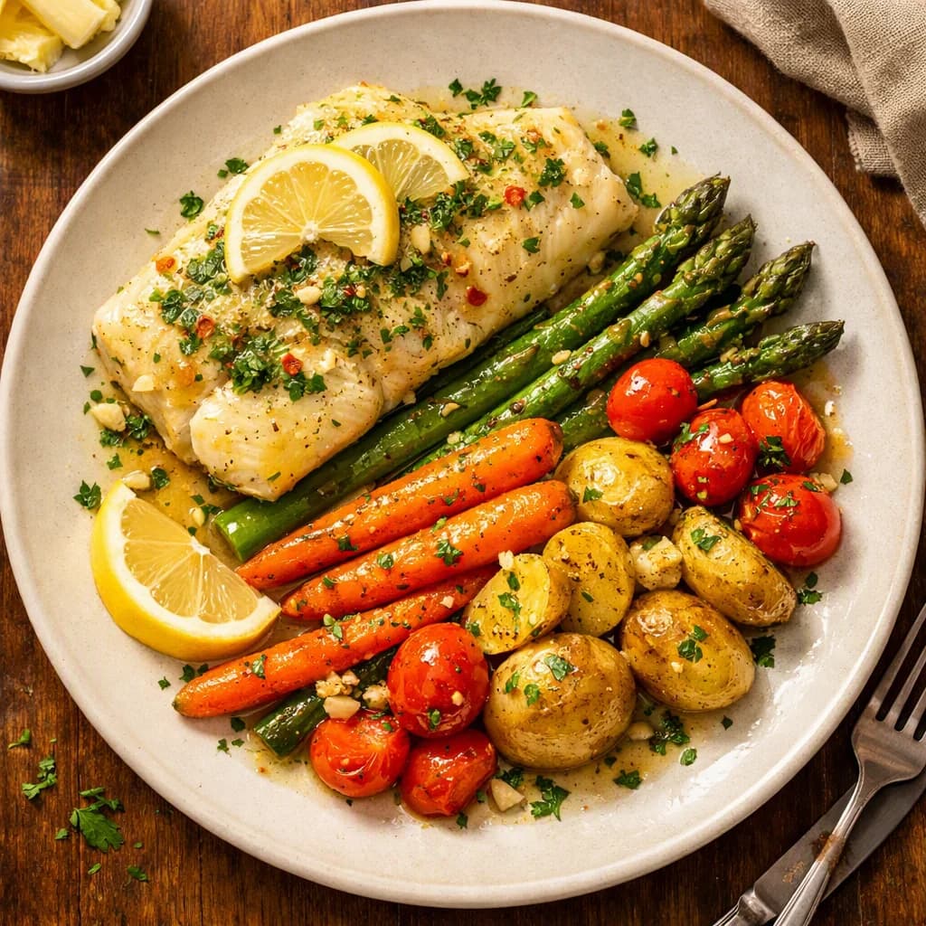Tangy Lemon Herb Cod with Garlic Butter Vegetables recipe