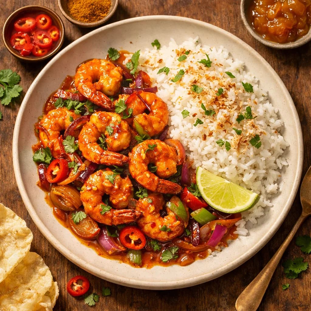 Tangy Prawns Stir Fry with Coconut Rice recipe