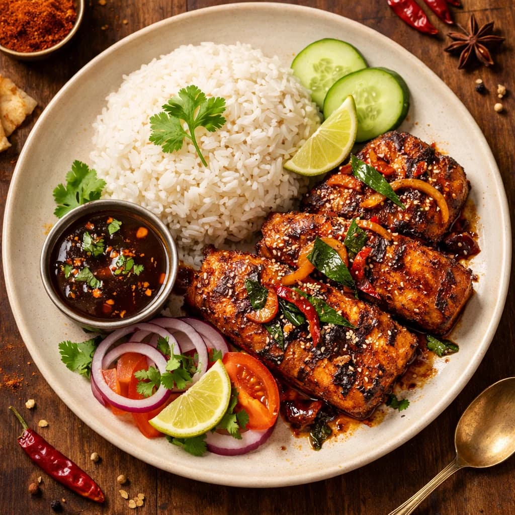 Tangy Tamarind Fish Fry with Steamed Rice recipe