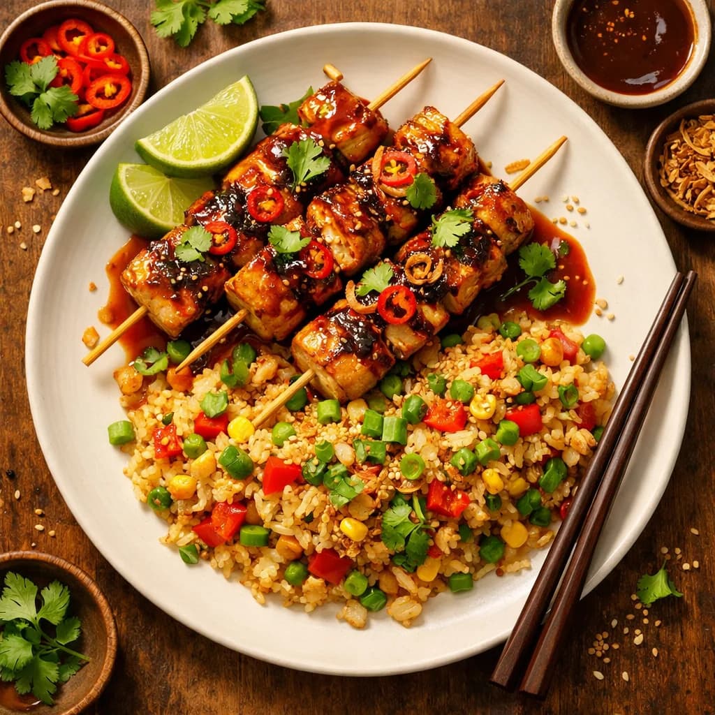 Tangy Tamarind Fish Skewers with Stir-Fried Rice recipe