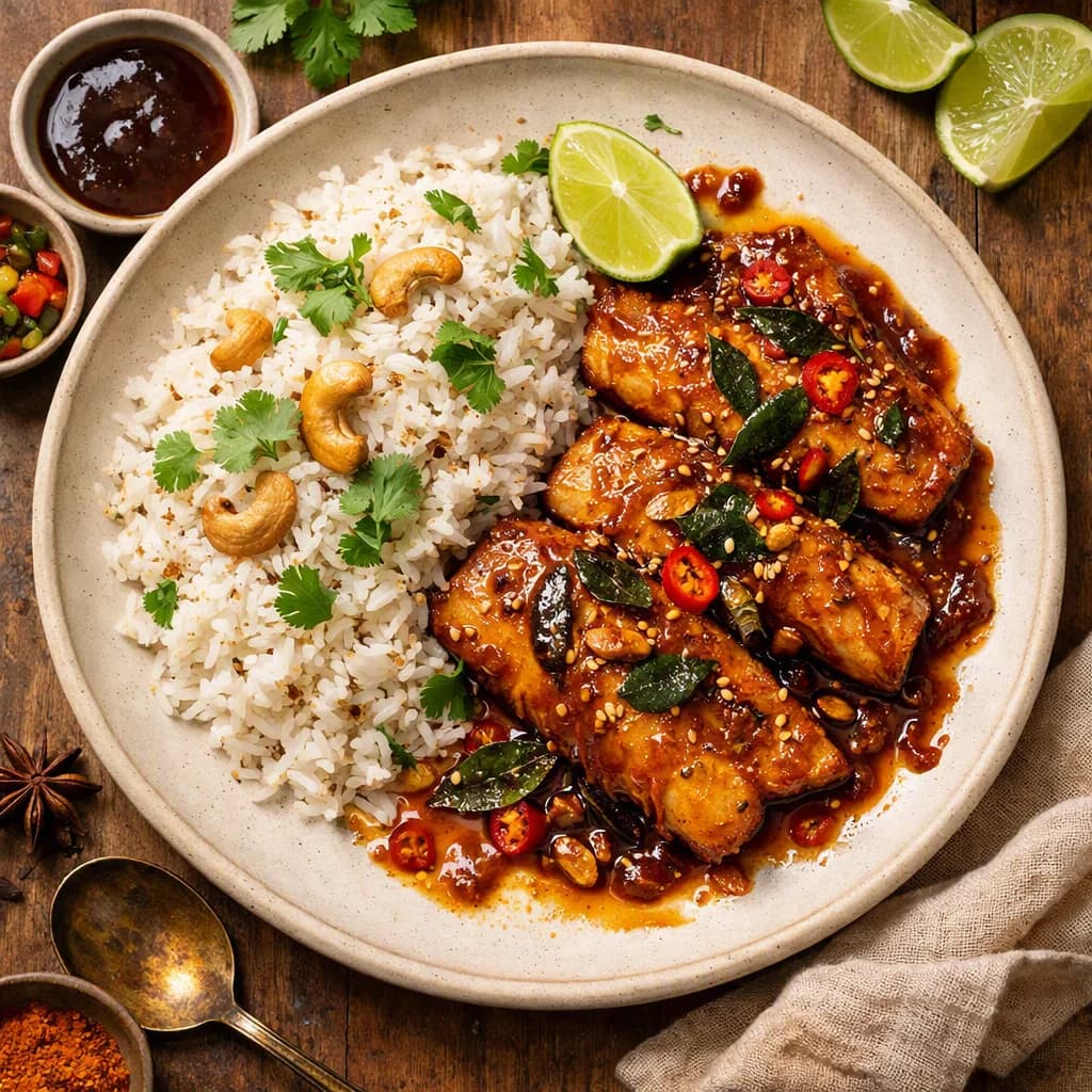 Tangy Tamarind Fish with Coconut Rice recipe