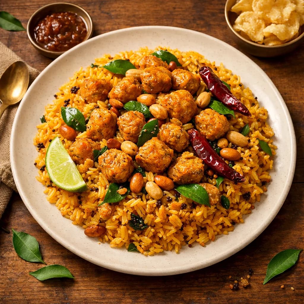 Tangy Tamarind Rice with Protein Packed Soy Chunks recipe
