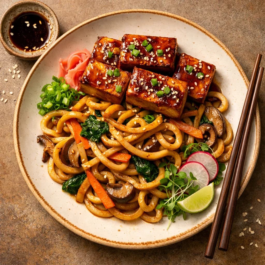 Teriyaki Tofu with Stir-Fried Udon Noodles recipe