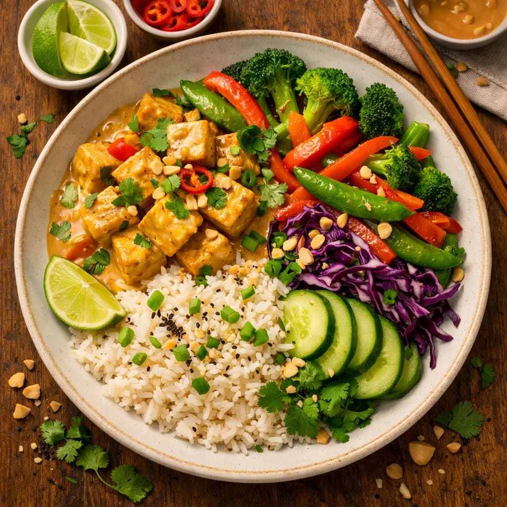 Thai Coconut Tofu and Vegetable Rice Bowl recipe