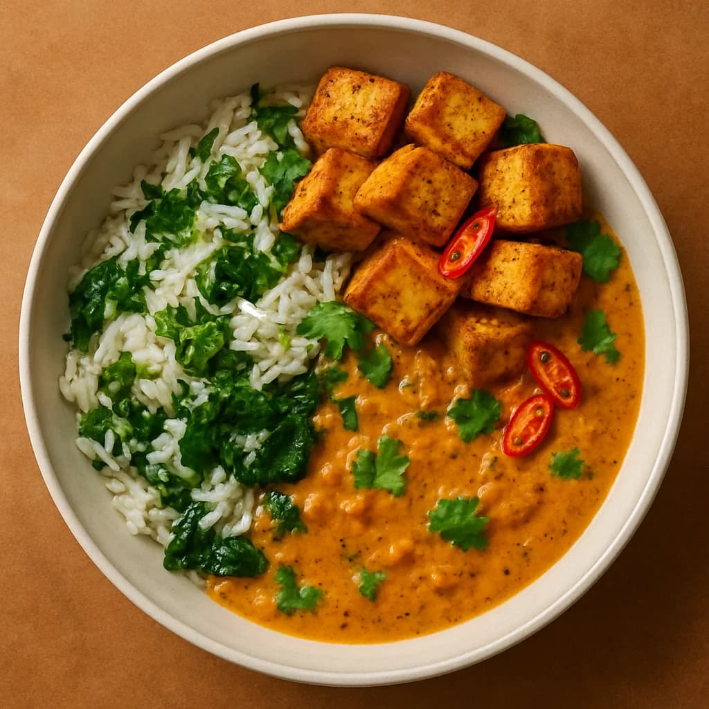 Tofu and Spinach Rice Bowl with Spiced Coconut Sauce recipe