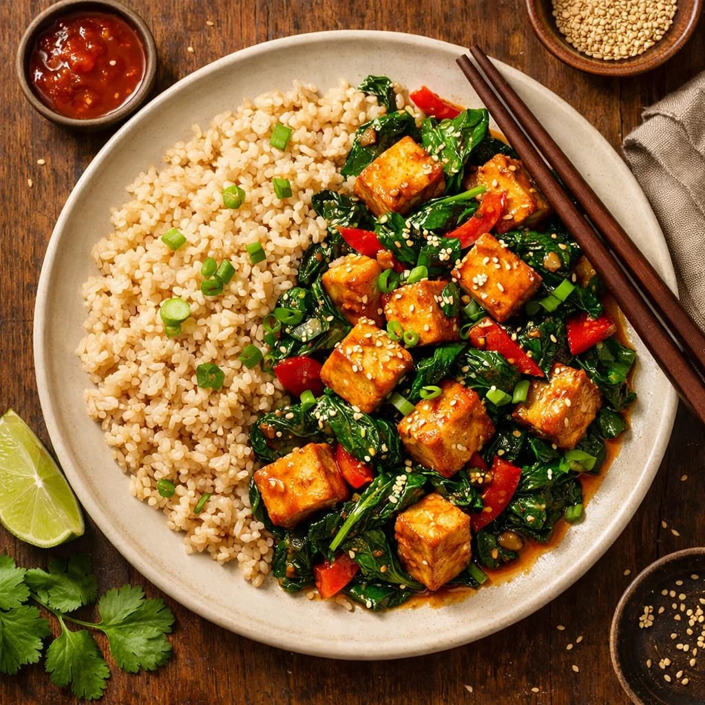 Tofu and Spinach Stir-Fry with Brown Rice recipe