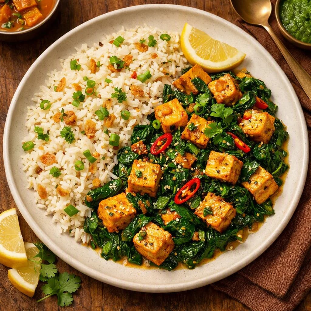 Tofu and Spinach Stir-Fry with Garlic Rice recipe