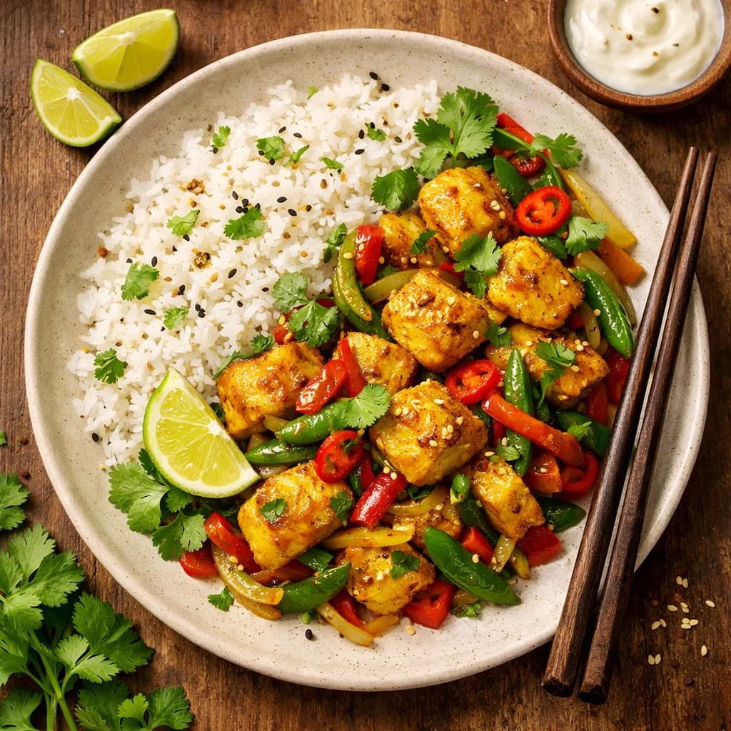 Turmeric Fish Stir-Fry with Coconut Rice recipe