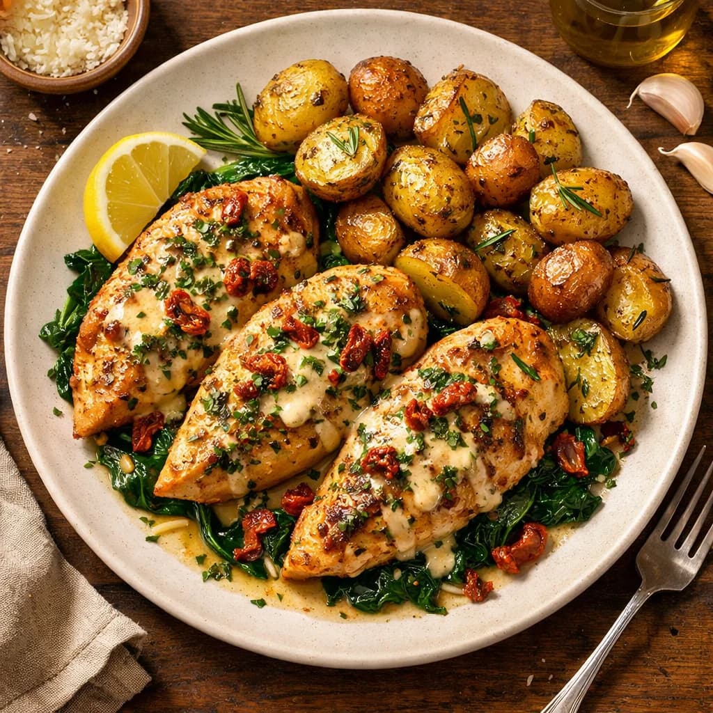 Tuscan Garlic Herb Chicken with Roasted Potatoes recipe