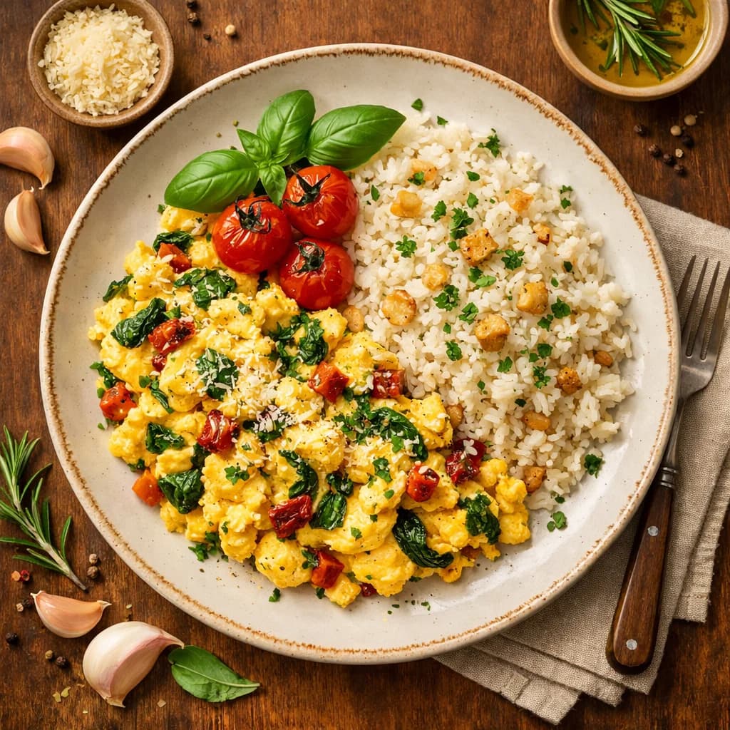 Tuscan Herb Scrambled Eggs with Garlic Rice recipe