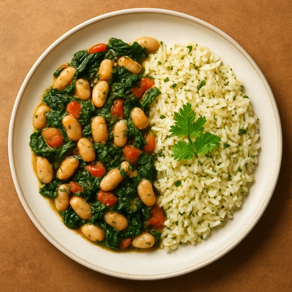Tuscan White Bean and Spinach Sauté with Herbed Rice recipe