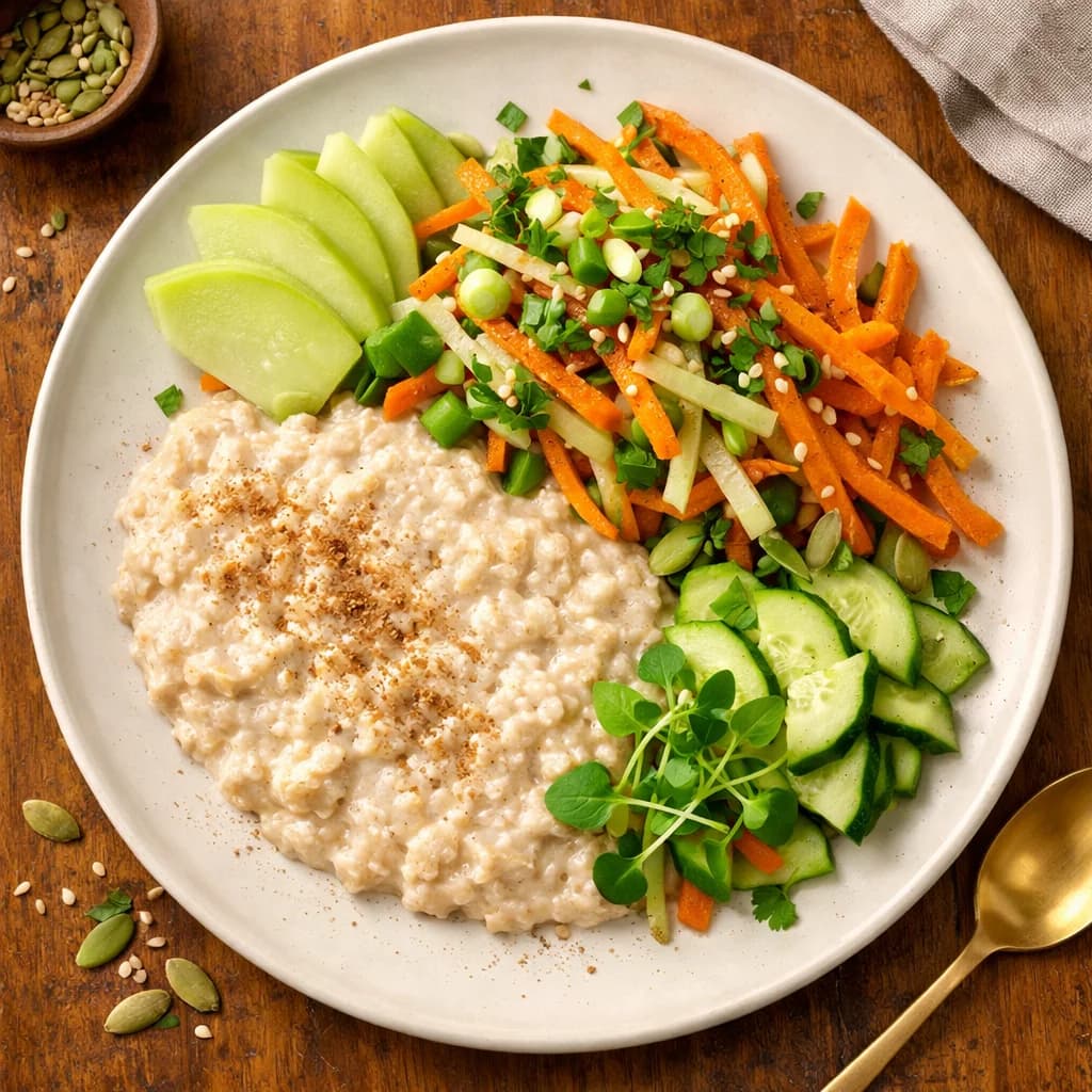 Vanilla Protein Oats with Fresh Chayote Carrot Crunch recipe
