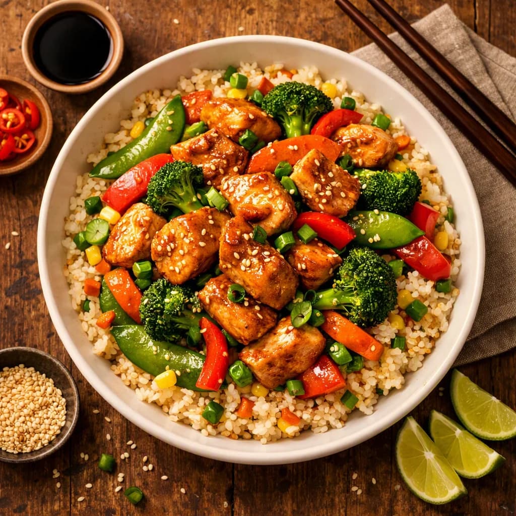 Wok Tossed Chicken and Veggie Rice Bowl recipe