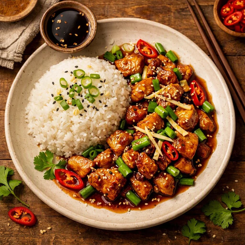 Wok Tossed Ginger Soy Chicken with Sticky Jasmine Rice recipe
