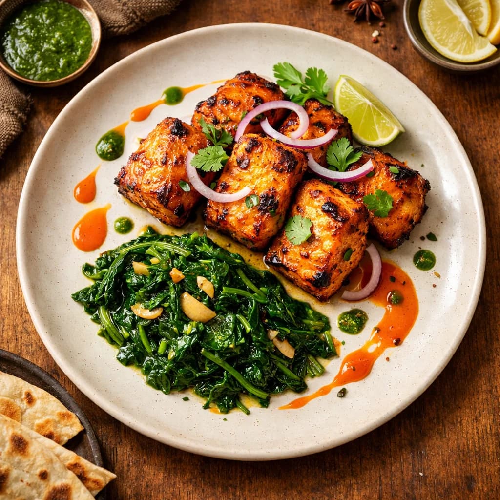 Zesty Fish Tikka with Garlic Spinach recipe