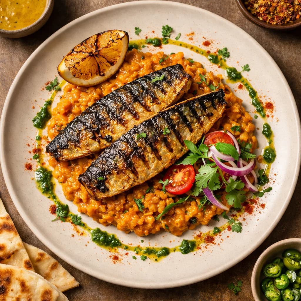Zesty Grilled Mackerel with Spiced Lentil Mash recipe
