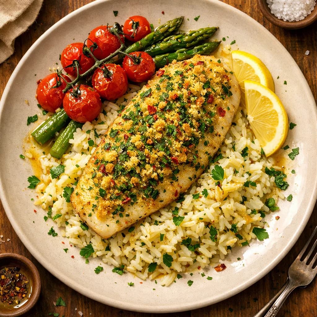 Zesty Herb Crusted Fish with Lemon Rice recipe
