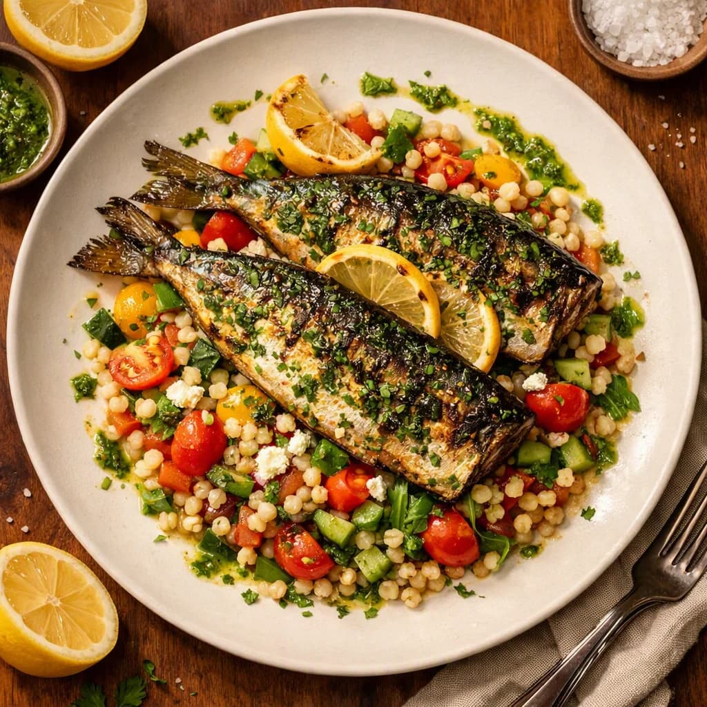 Zesty Herb Grilled Mackerel with Warm Pearl Couscous Salad recipe