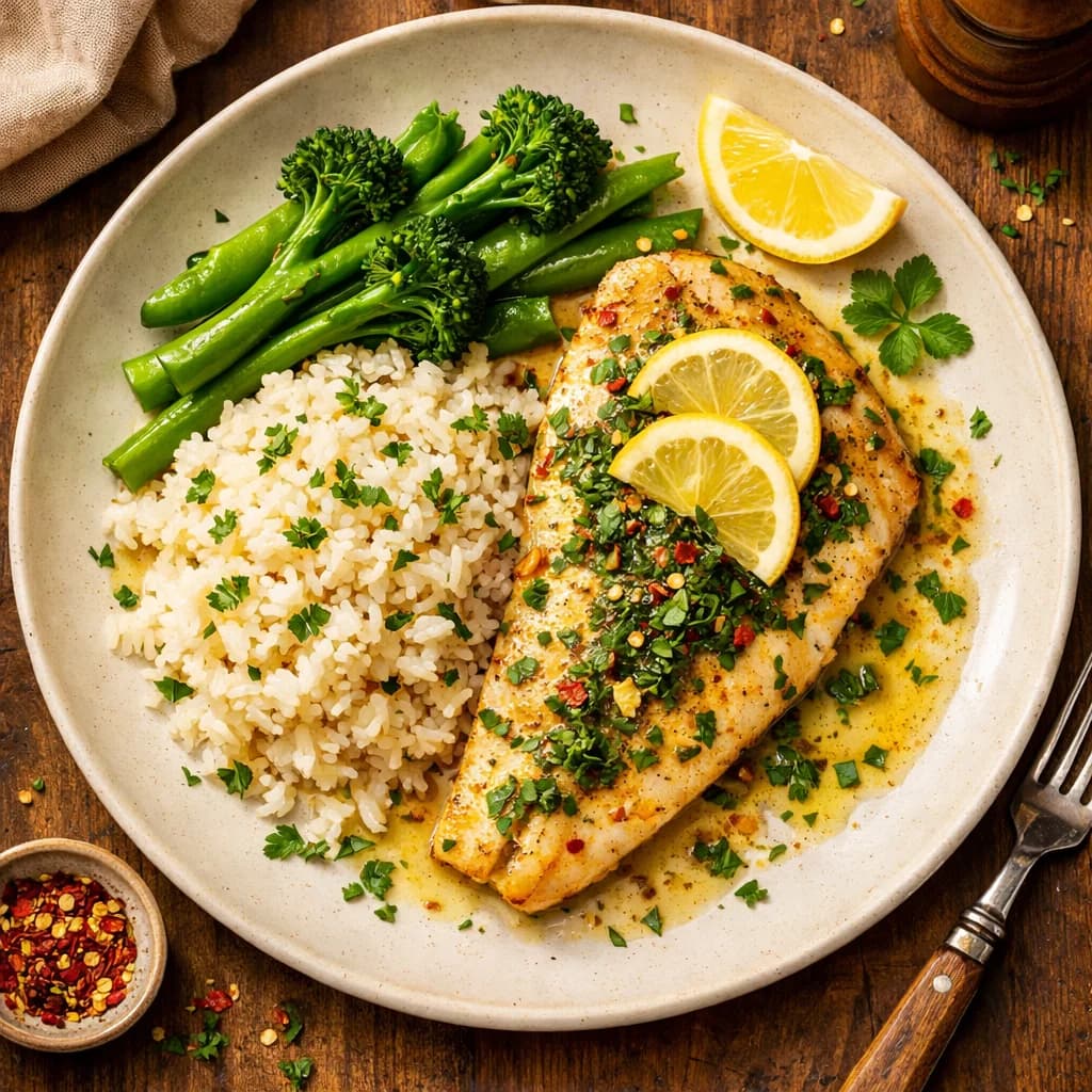 Zesty Lemon Herb Fish with Garlic Rice recipe