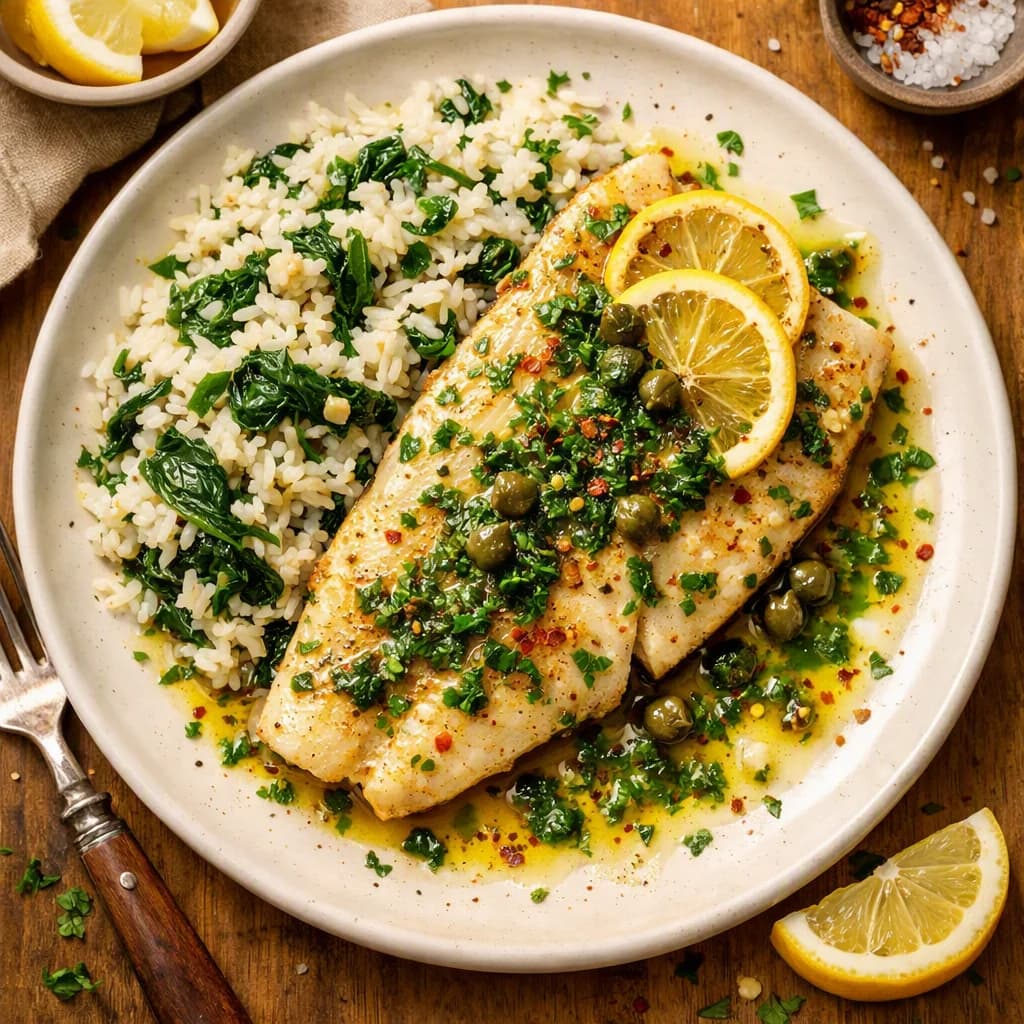 Zesty Lemon Herb Fish with Garlic Spinach Rice recipe