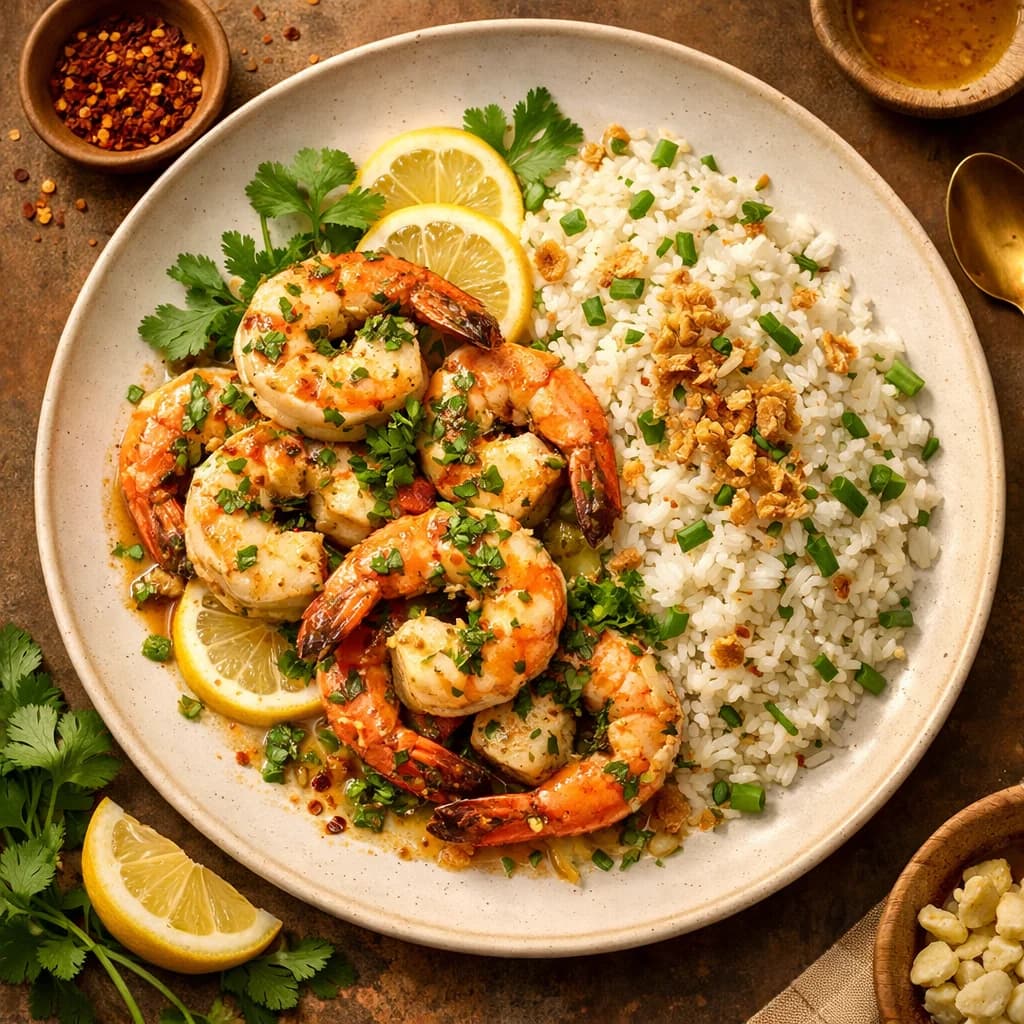 Zesty Lemon Herb Prawns with Garlic Rice recipe