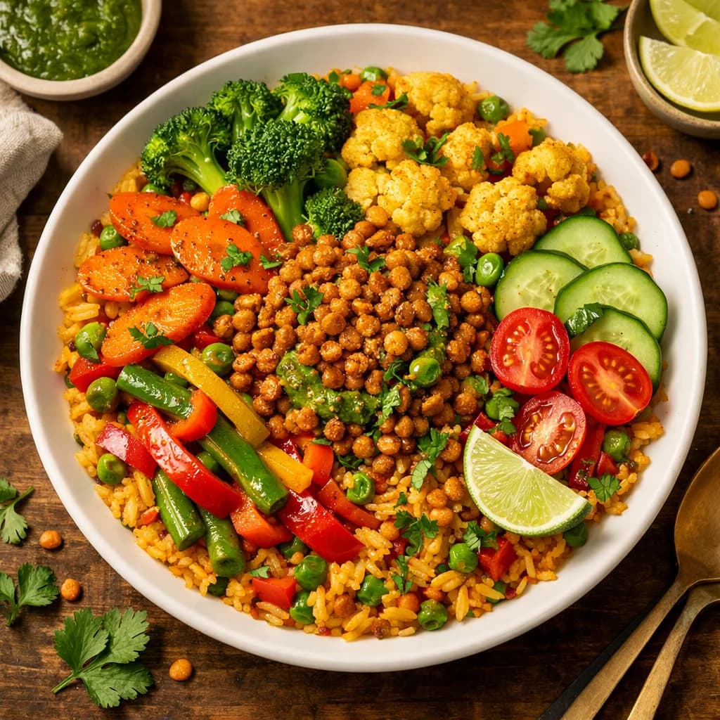 Zesty Vegetable Rice Bowl with Lentil Crunch recipe