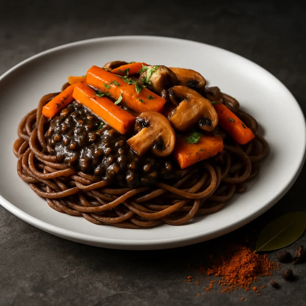 Vegan Ragi Whole Wheat Noodles with Smoked Vegetables and Black Lentil Sauce recipe