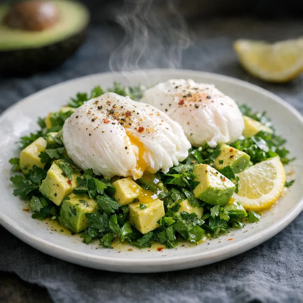 Avocado Parsley Poached Eggs Keto Salad recipe