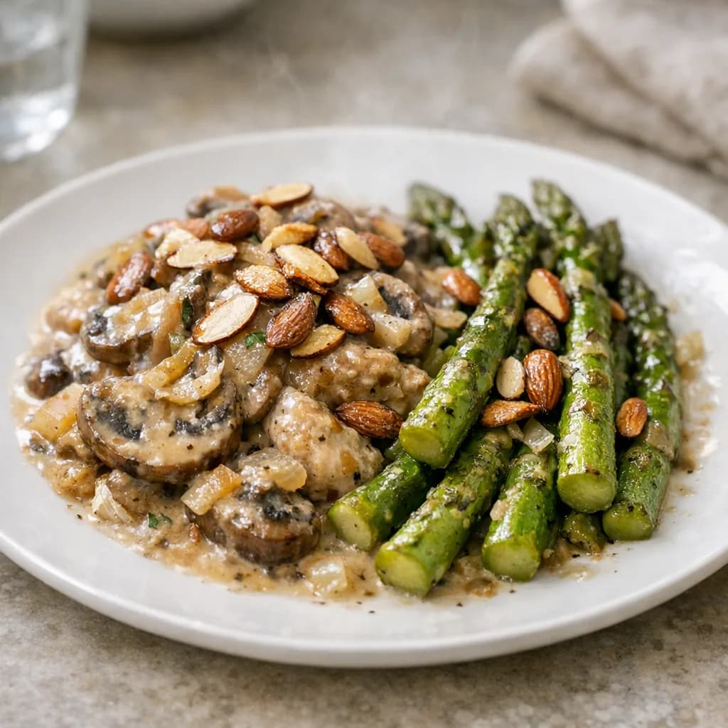 Cooks Co Sliced Mushrooms Baked With Almond Asparagus recipe