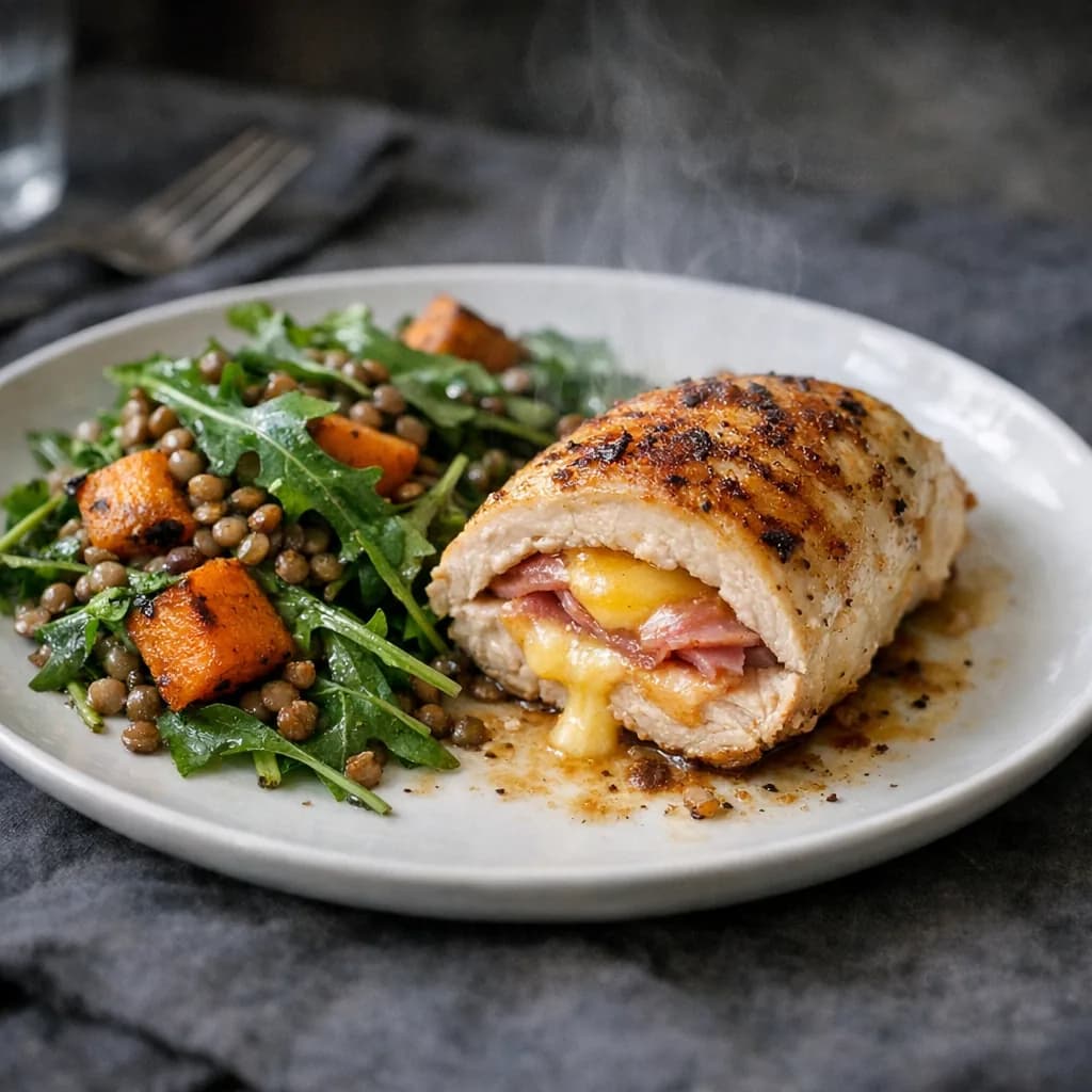 Baked Chicken with Lentil and Rocket Salad recipe