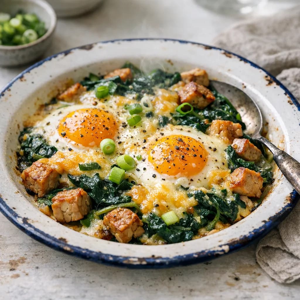 Baked Eggs and Cod with Spinach recipe