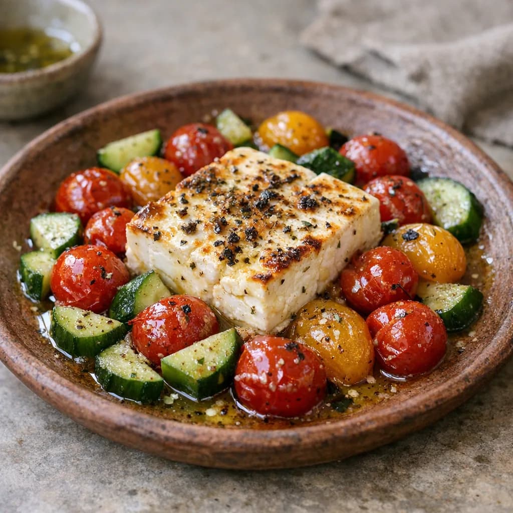 Baked Feta and Cucumber Salad with Cherry Tomatoes recipe