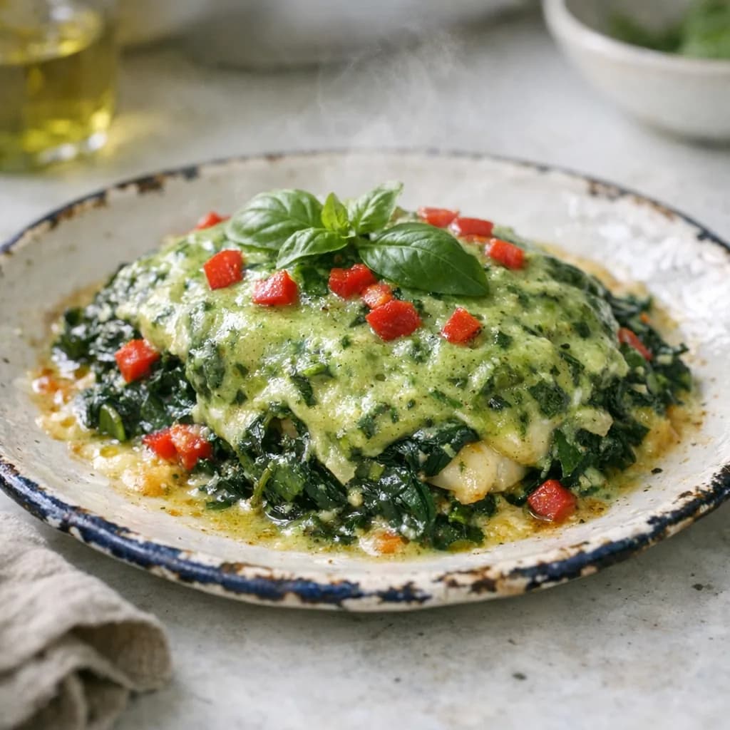 Baked Flounder with Spinach and Basil Sauce recipe