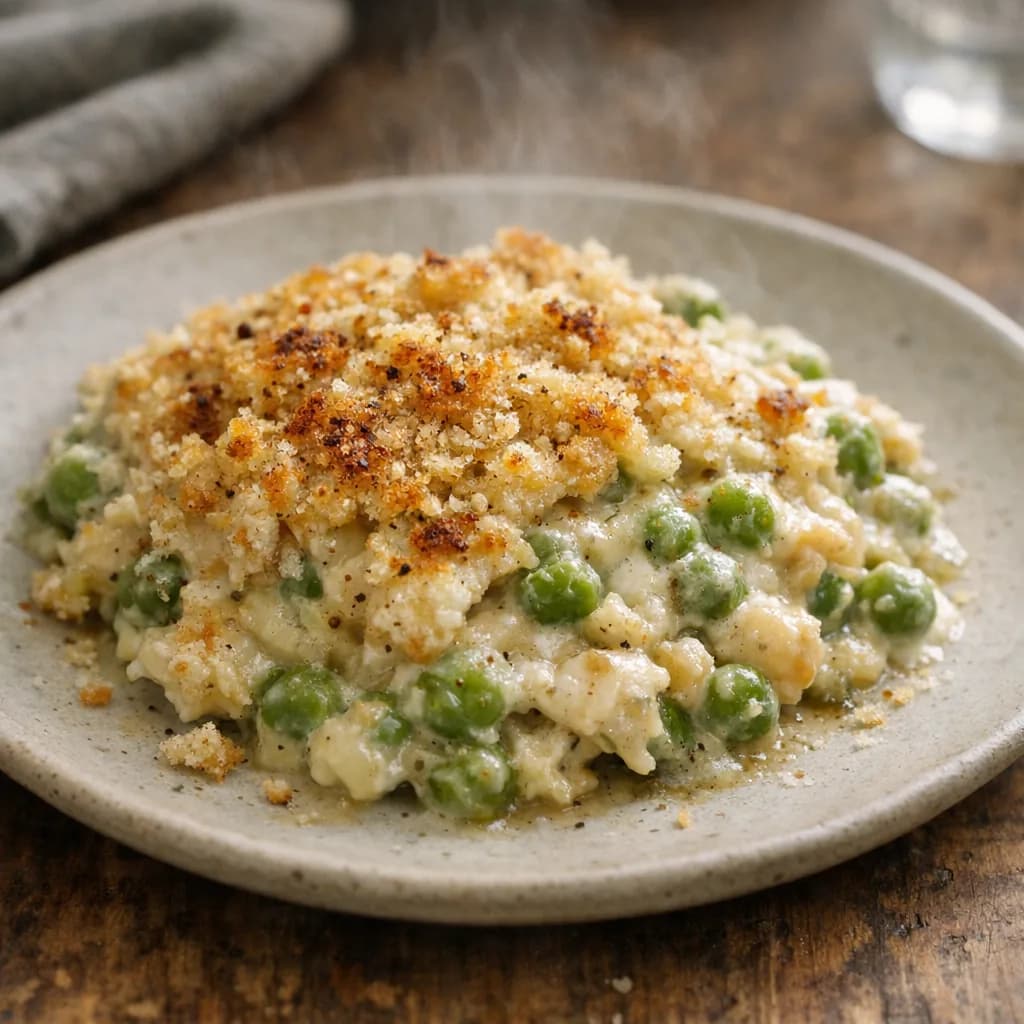Baked Salmon and Creamy Pea Casserole recipe