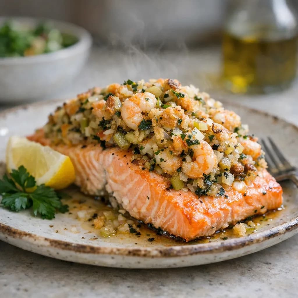 Baked Salmon with Seafood Herb Stuffing recipe