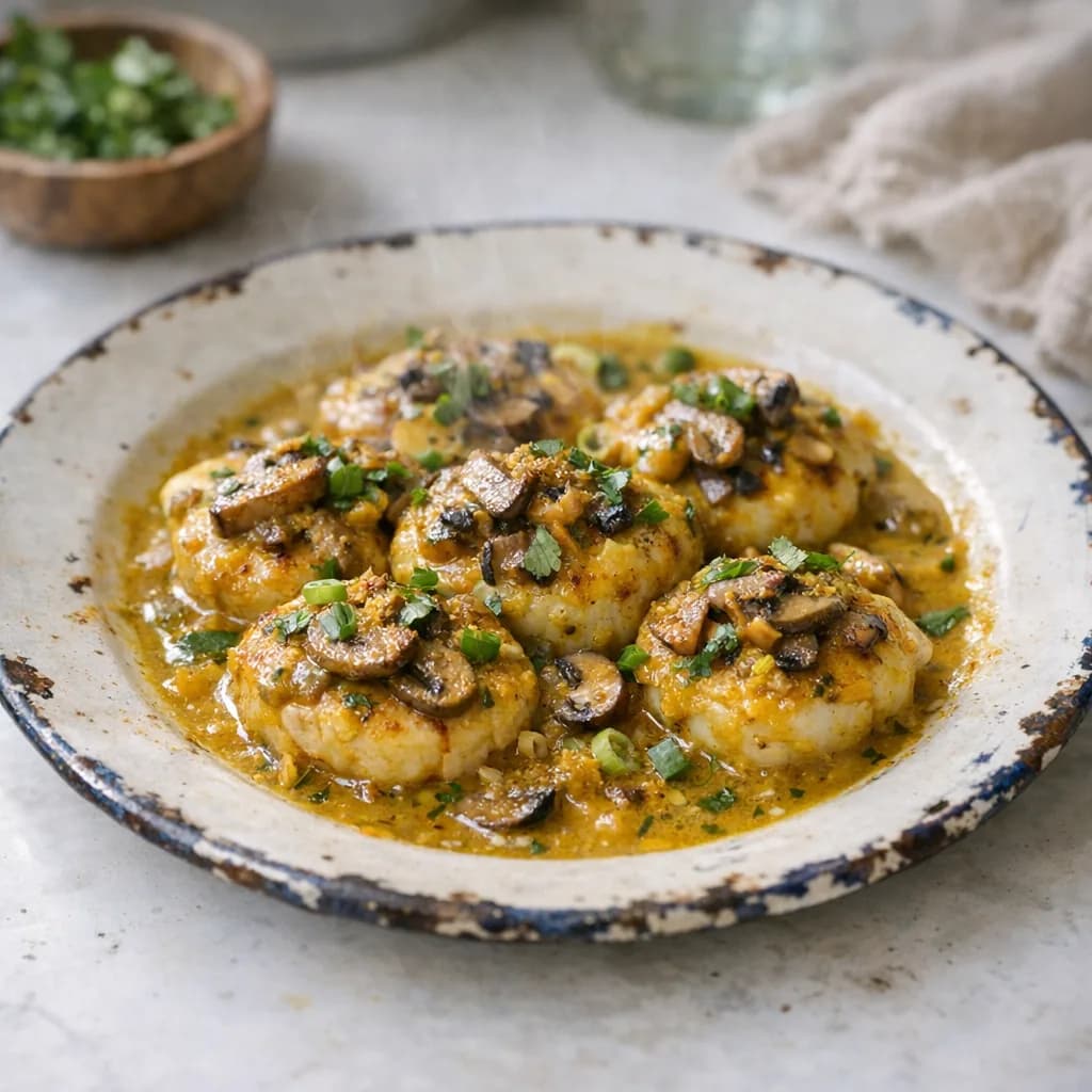 Baked Scallops with Curried Mushroom Sauce recipe