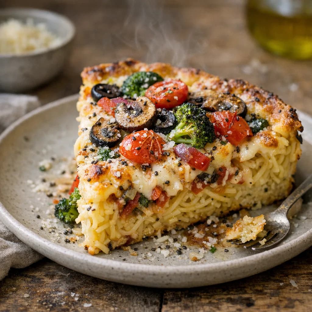 Baked Spaghetti Pie with Veggie Toppings recipe