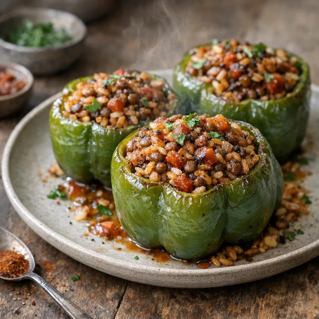 Baked Stuffed Green Peppers with Lentils and Rice recipe