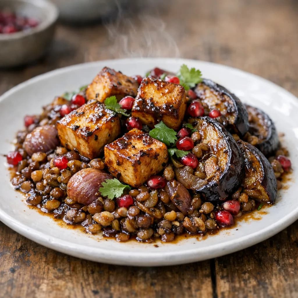 Baked Aubergine and Tempeh with Spiced Lentils recipe