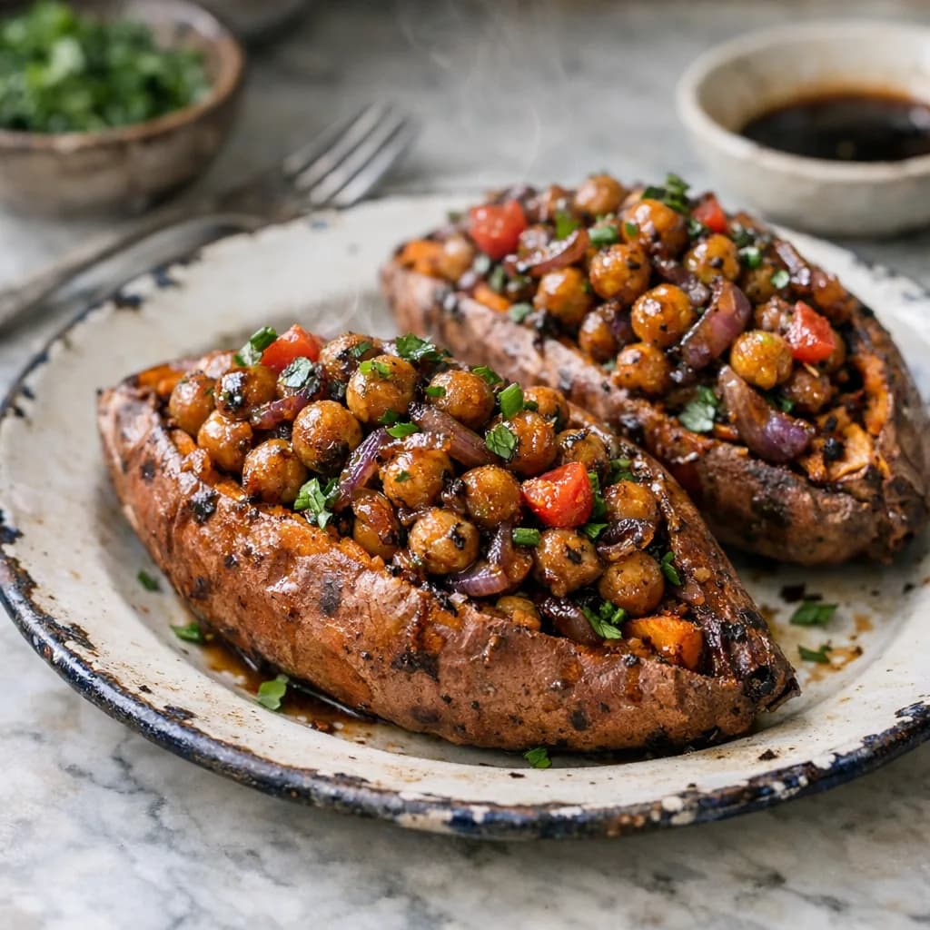 Balsamic Chickpea-Stuffed Sweet Potatoes recipe