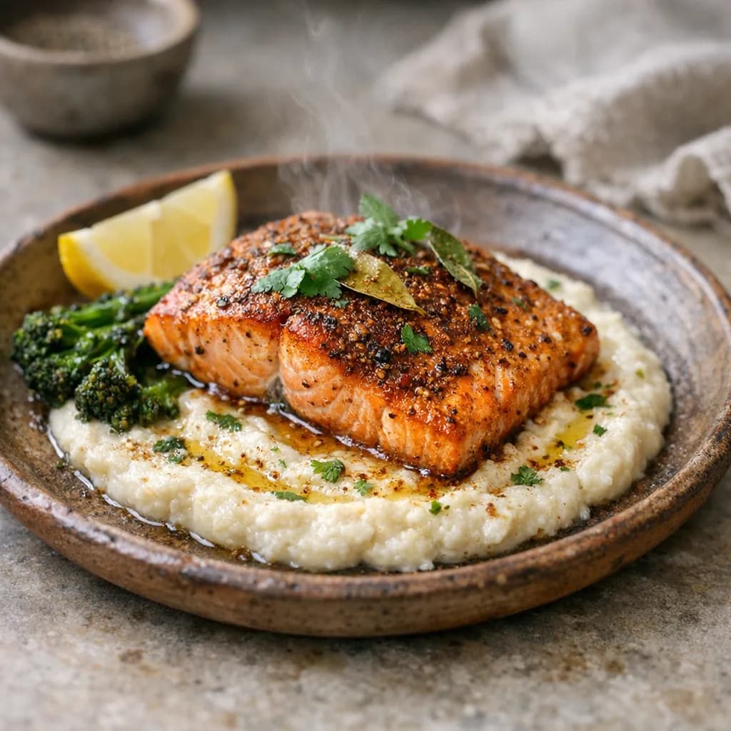 Bay Spice Salmon with Horseradish Celery Root Puree recipe