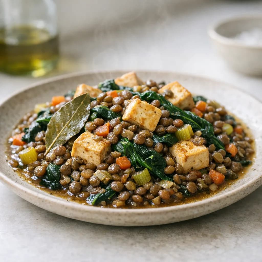Braised Lentils with Spinach and Tofu recipe