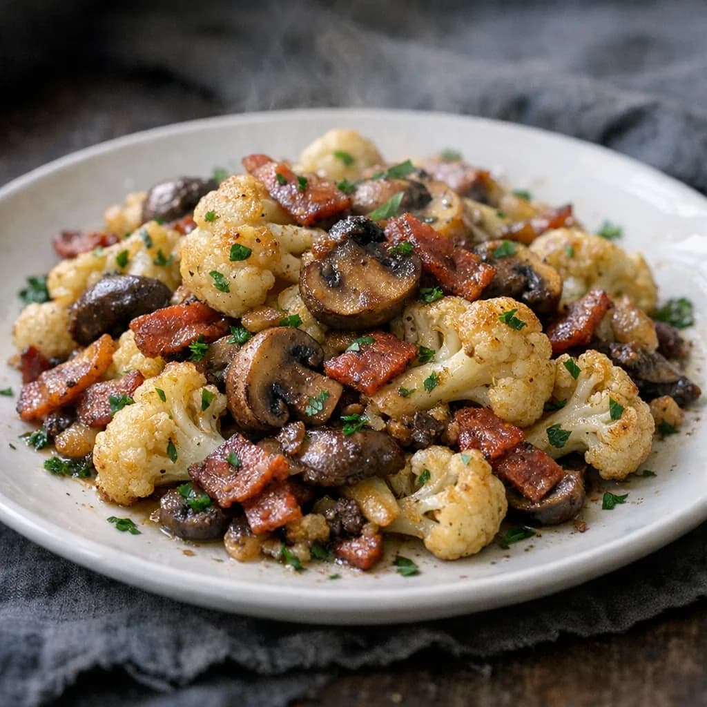 Cauliflower Stir-Fry with Mushrooms and Vegan Bacon recipe