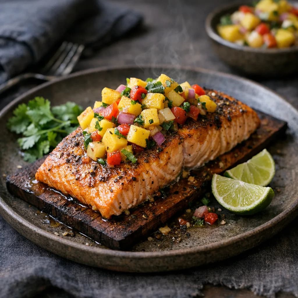 Cedar-Planked Salmon with Tropical Fruit Salsa recipe