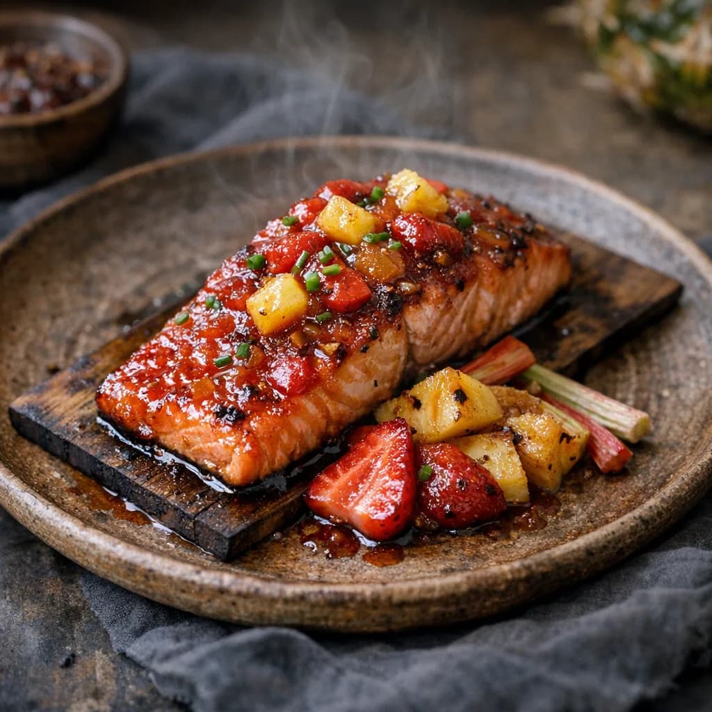 Cedar-Smoked Salmon with Spicy Pineapple and Rhubarb Glaze recipe