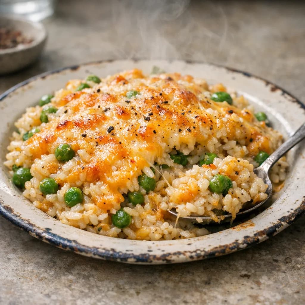 Cheesy Baked Rice with Peas and Turkey recipe