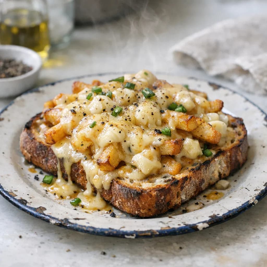 Mushroom Broth Poutine Toast recipe