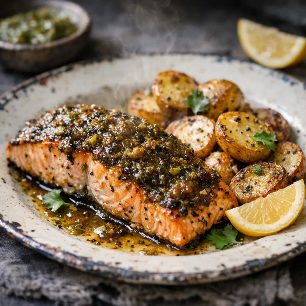Chutney Baked Salmon with Potatoes recipe